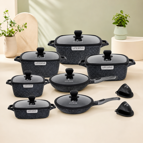 سرویس قابلمه ۱۴ پارچه مربعی لایف اسمایل مدل SPHM-S-GL-14N-BLACK